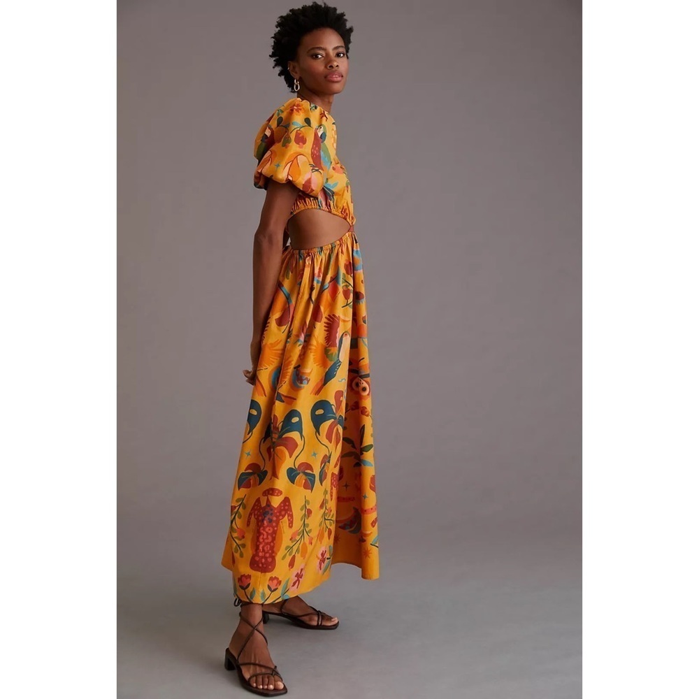 NWT Anthropologie Farm Rio Birds Leopard Floral One-Shoulder Maxi Cut Our Dress  - Picture 10 of 11